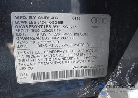 2019 Audi Q5 45 Premium z USA, uszkodzony, nr VIN WA1BNAFY7K2050697